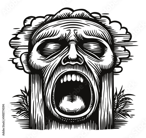 Dramatic Black and White Engraving of a Screaming Face with Hair