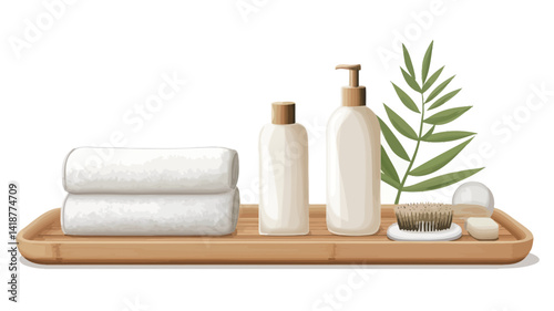 This stylized illustration depicts a minimalist apartment interior. The color palette is dominated by soft coral and white, with architectural elements outlined by lines.