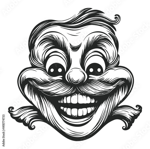 Vintage Style Engraved Cartoon Face with Large Smile and Mustache