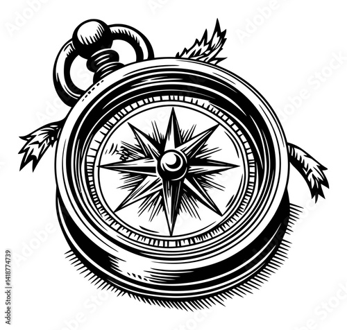 Vintage Compass Engraving in Black and White Woodcut Style