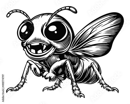 Whimsical Black and White Drawing of a Cartoon Bee Character