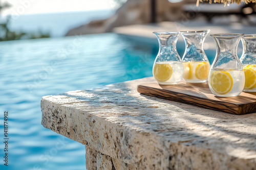 Extreme close-up of Mediterranean rustic poolside bar with hand-blown glass pitchers of lemon-infused water on weathered stone countertop, bathed in dappled sunlight with infinity pool and sunset back photo