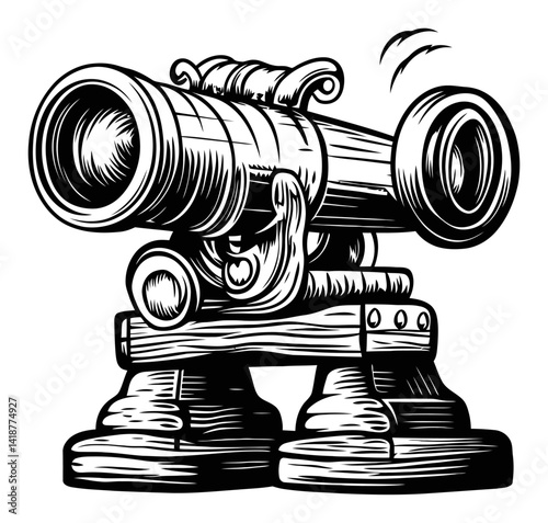 Detailed Engraving of a Vintage Cannon with Stand and Barrel