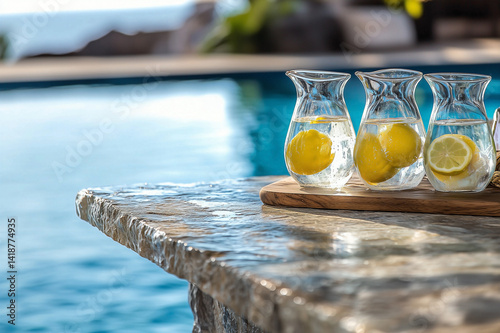 Extreme close-up of Mediterranean rustic poolside bar with hand-blown glass pitchers of lemon-infused water on weathered stone countertop, bathed in dappled sunlight with infinity pool and sunset back photo