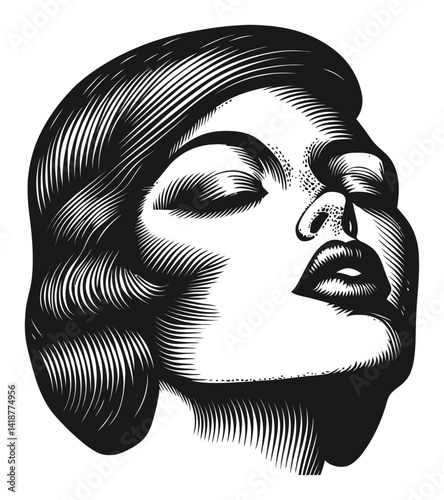 Elegant Black and White Woodcut Portrait of a Woman's Face