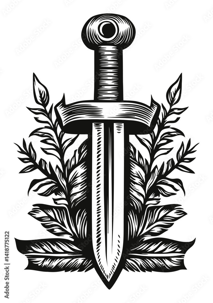 Sword Engraving with Decorative Leaves and Floral Elements