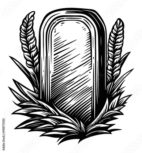 Engraved Stone Tombstone Surrounded by Floral Elements
