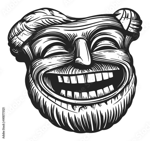 Vintage Engraving of a Smiling Mask with Unique Facial Features