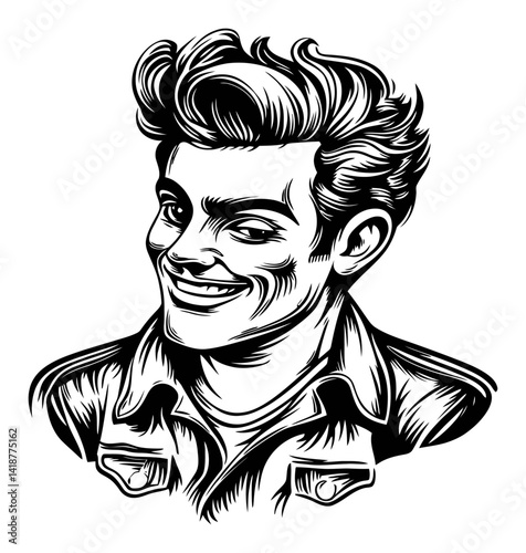 Retro Style Engraving of a Smiling Young Man with Stylish Hair