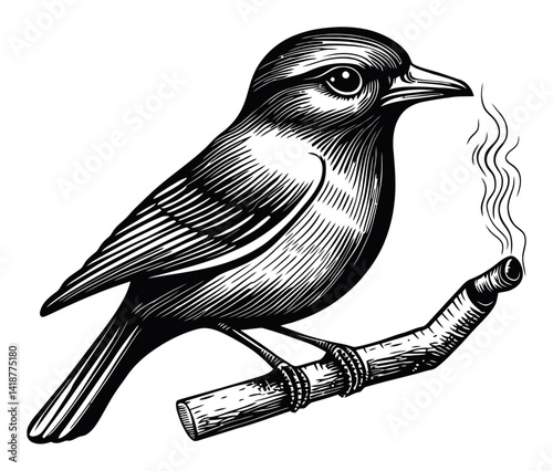 Detailed Engraving of a Bird Perched on a Branch with Smoke