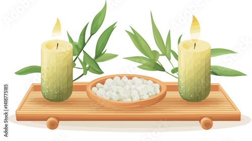 digital illustration of a carefully rendered spa scene, centered on a light brown rectangular bamboo tray with two pale yellow cylindrical candles scattered between them.