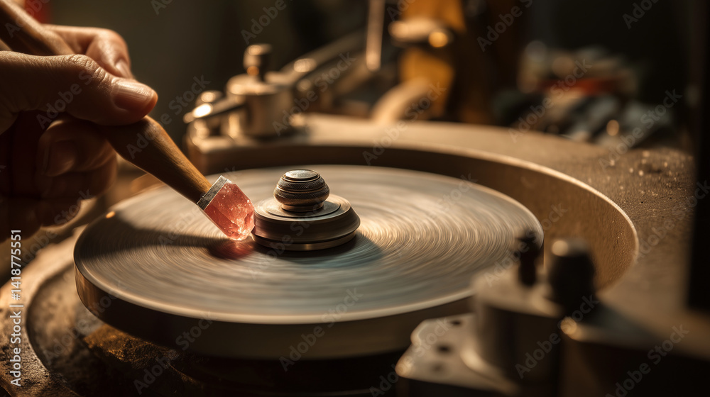 Obraz premium Hand polishing gemstone on cutting wheel in workshop