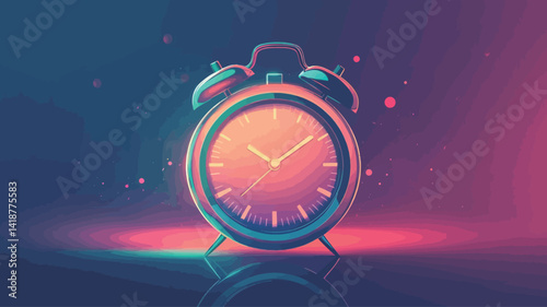 This is a digital illustration of a classic alarm clock rendered in a vibrant neon style. The alarm clock is rendered in a translucent blue and pink glossy color with a similar gradient background.