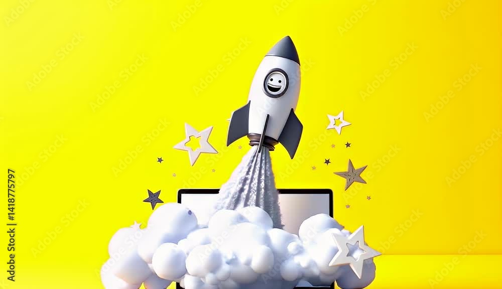 A cheerful rocket blasts off from a laptop, symbolizing a successful business launch and digital innovation.