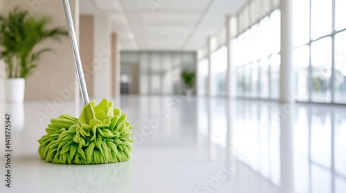 A green mop cleaning the floor in a modern spacious office hallway, bright natural light streaming through large windows, and clean and tidy concept.