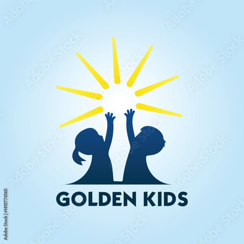 Two Happy Children Reaching for a Bright Sun Logo Design