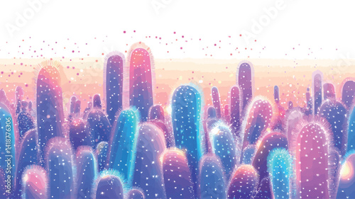 This high-resolution digital illustration depicts a field of vertically aligned cylinders that appear to have a soft, glowing gradient from light pink to purple.