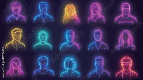 A digital illustration of 20 brightly colored head icons arranged in a grid pattern against a dark background. Each icon is a stylized silhouette of a human head.