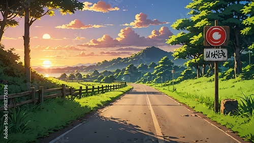 Scenic Country Road at Sunset with Hills and Japanese Signage