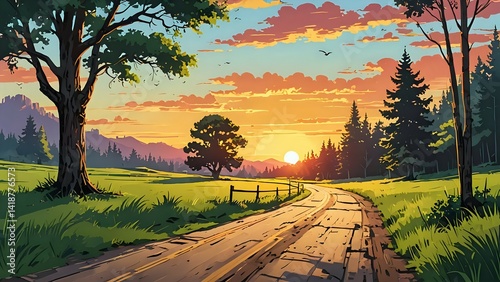Scenic Country Road Leading to Sunset with Trees and Rolling Hills