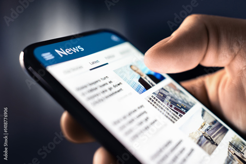 News and press release. Headlines and newspaper media in phone. Reading articles online. Mobile in hand. Feed, breaking report, or business publication. Latest daily journalism. photo