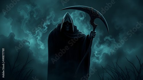 a figure of death with a scythe in a black cloak against a backdrop of swirling fog. Halloween background