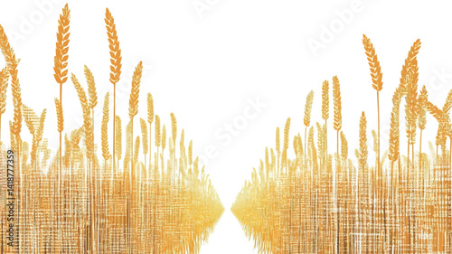This work uses a soft painting technique to show a stylized wheat field painting. The picture is dominated by warm golden tones, creating a sun-drenched atmosphere.