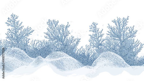 A digital illustration depicting a seamless horizontal border with stylized snowy bushes and small snowdrifts on a white background. The color scheme is predominantly light.