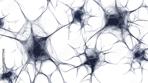 A high-resolution microscopic close-up of a neural network. The image shows many intricately detailed neurons, shown in dark grey tones against a pure white background.