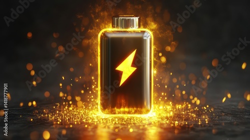Black battery with lightning bolt, surrounded by bright orange sparks and light. Shows energy, power, electrical charge for renewable and future technology.