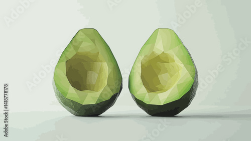 The two avocado halves are placed against a pure white background, with the bright green flesh and smooth dark green skin clearly visible. Soft, diffused lighting minimizes harsh shadows.