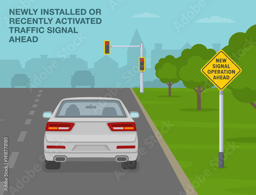 Safe driving tips and traffic regulation rules. Back view of a car approaching new traffic signal. "new signal operation ahead" sign. Flat vector illustration template.