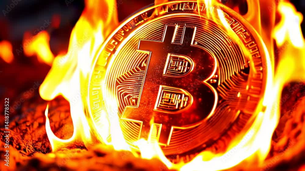 A bitcoin engulfed in flames, symbolizing the risks and volatility in the cryptocurrency market.
