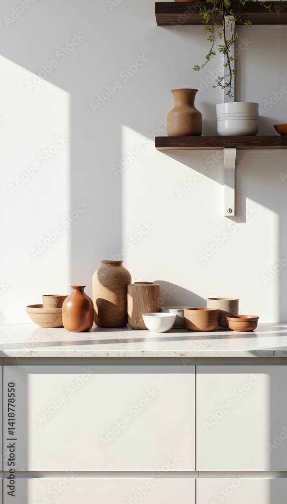 Obraz premium Ceramic pots arranged on a countertop against a modern background 