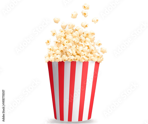 Delightful Illustration of a Classic Carnival Popcorn Bucket Overflowing with Fresh Popcorn Ready for a Movie Night or a Fun Fair Experience