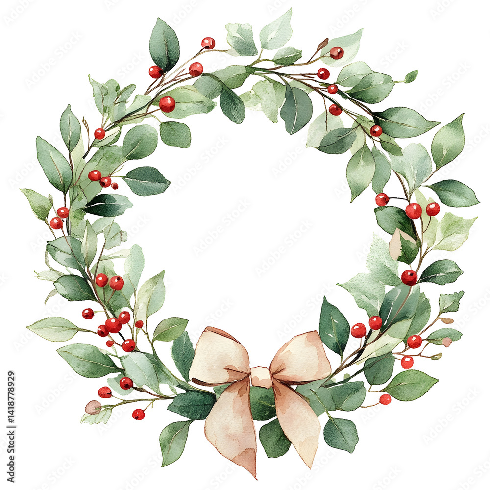 Fototapeta premium Watercolor wreath with green leaves and red berries