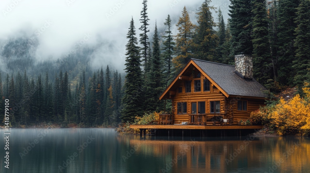 Fototapeta premium mountain cabin with a wooden deck, overlooking a scenic lake and surrounded by pine trees