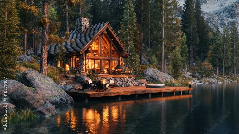 Fototapeta premium mountain cabin with a wooden deck, overlooking a scenic lake and surrounded by pine trees