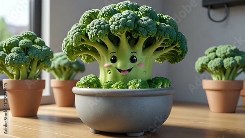 Smiling Broccoli Plant in a Pot Surrounded by Other Broccoli Plants