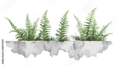 This image shows a digital illustration or painting of four bright green ferns nestling in a minimalist white stone trough that is given an irregular, almost cloud-like shape.