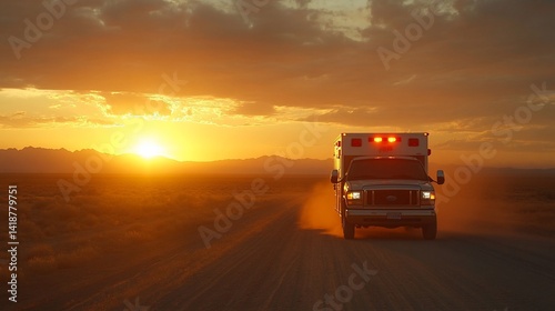 Ambulance responding on desert road at sunset, mountains and sky in background