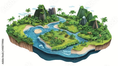 digitally rendered isometric illustration of a tropical island. The image shows a vibrant, lush landscape with a winding river running through the island and cascading down to the calm ocean.