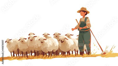This illustration depicts a shepherd and a flock of sheep in a stylized way. The color scheme is mainly warm, using soft yellow, cream and green. The flock of sheep is rendered.