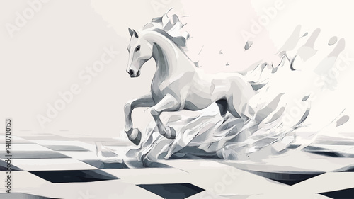 This image depicts a stylized white stallion galloping. The horse is rendered in grayscale with subtle shading to emphasize its muscles and movement. Background.