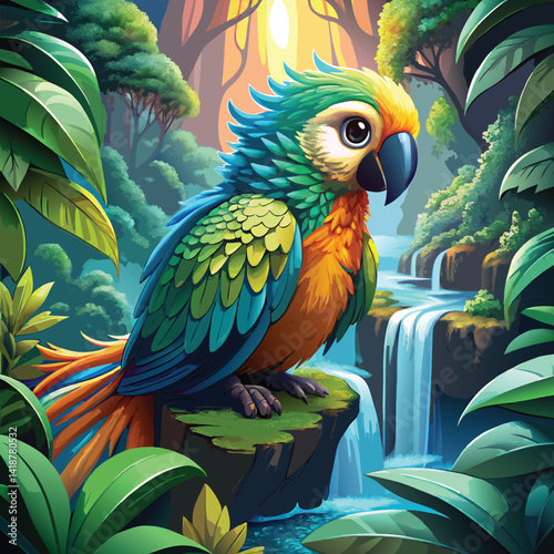 Striking blue and yellow macaw parrot, an exotic are with a powerful beak, perches colorfully on a branch in its tropical wildlife habitat