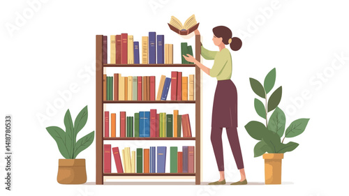 A flat vector style digital illustration depicts a young woman standing next to a three-tiered wooden bookshelf filled with colorful books. She is selecting a book and holding it in her hands.