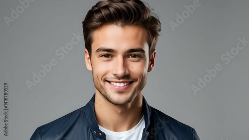 Smiling Man Portrait with Stylish Hair on Gray Background