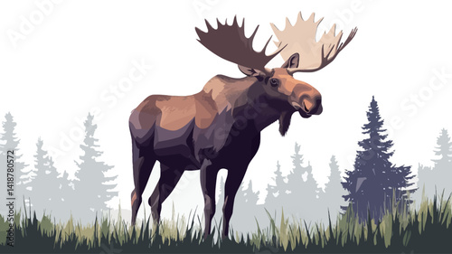 A stylized low-polygon illustration of a moose standing in a misty forest. The moose is rendered in shades of brown and dark brown, with a geometric polygonal texture. Its massive antlers.