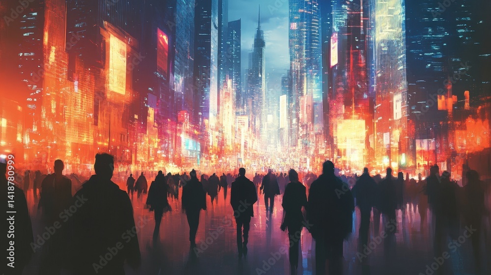 A crowd of people walking through a busy city street, surrounded by skyscrapers and lights.