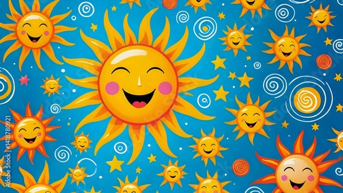 Smiling Sun Cartoon Pattern Background with Stars and Spirals Graphic
